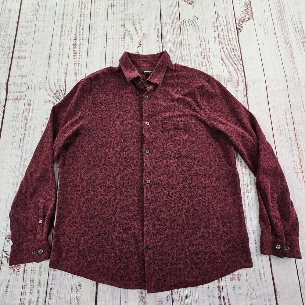 Express Maroon FLoral Print Long Sleeve Button-Up Cotton Blend T-Shirt Men's XL